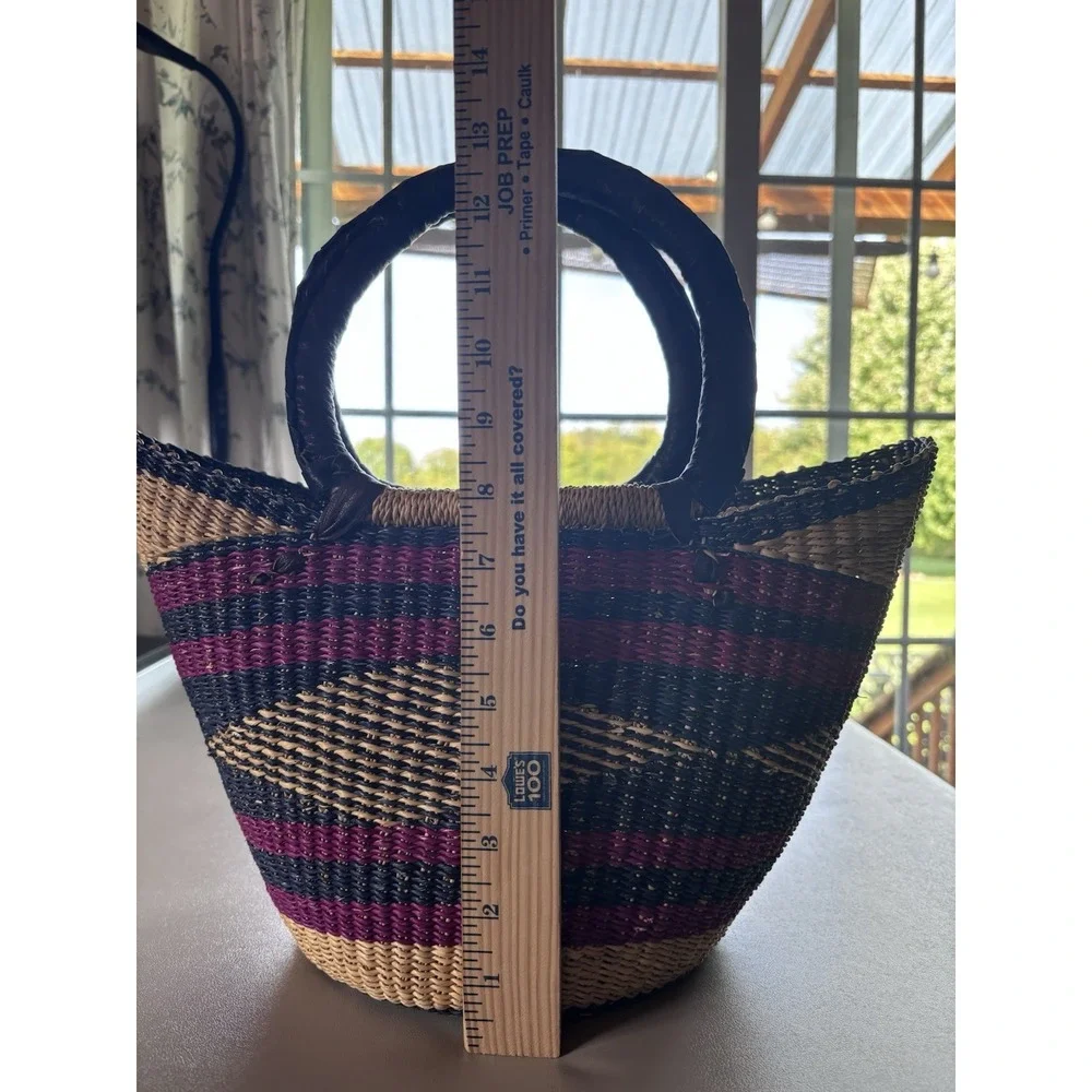 African Bolga MARKET BASKET Woven Straw Tote W/ Leather Handles U Shape